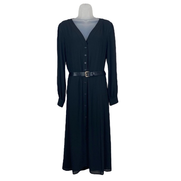Michael Kors Dress Kate Midi Button Down Long Sleeve Petite Large Black Belted - Picture 1 of 11